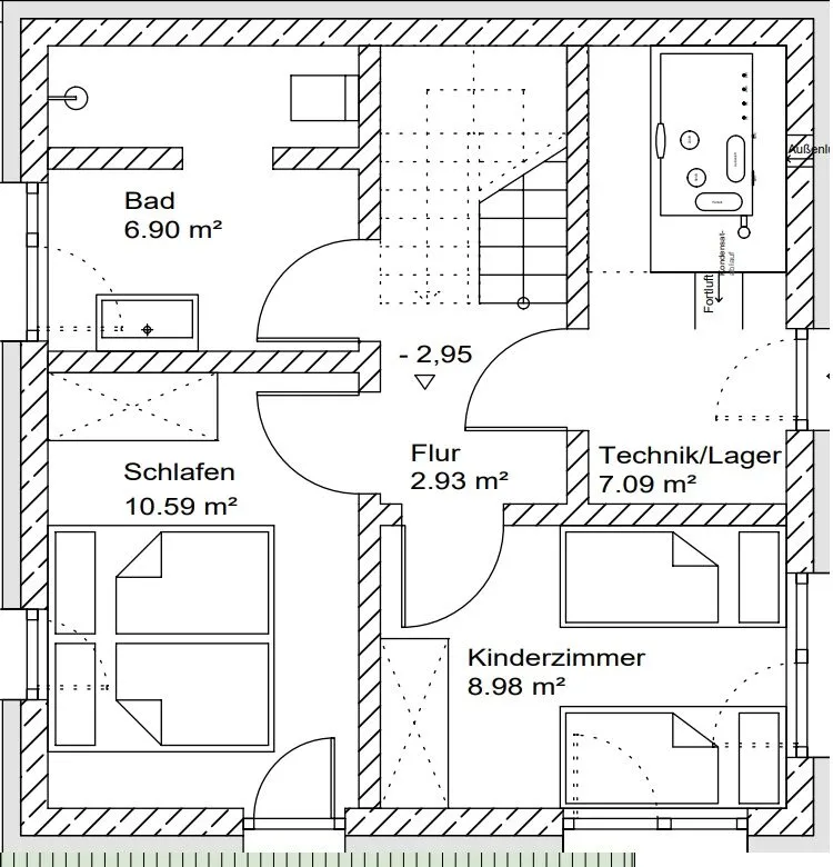 Grundriss des Untergeschosses mit Schlafzimmern, Kinderzimmer und Bad