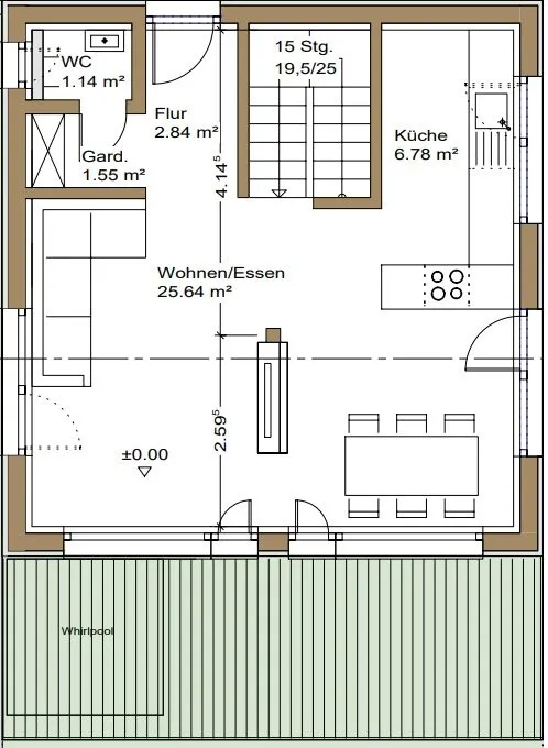 Grundriss der Wohnebene mit Küche, Wohn-Essbereich und Terrasse